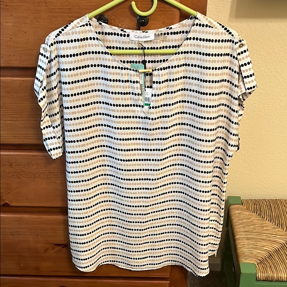 Calvin Klein Black, White, and Tan Short Sleeve Blouse